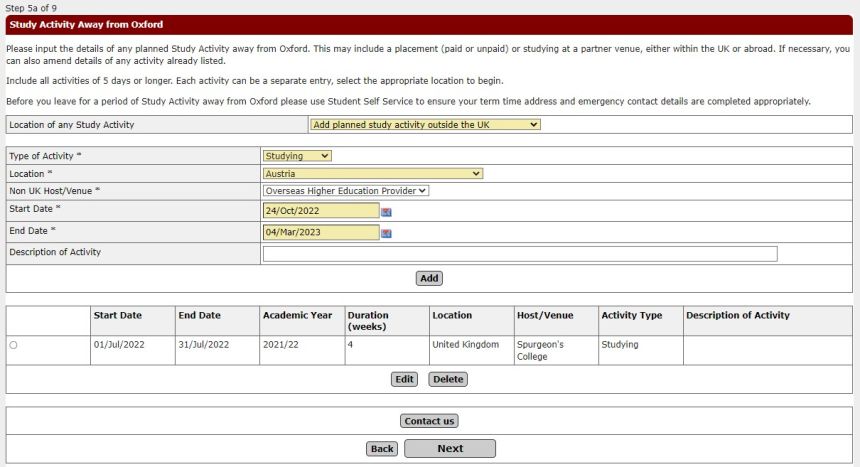 Screenshot of form for study activity outside of UK