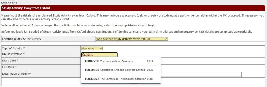 Screenshot of third page for study activity outside of Oxford but in the UK
