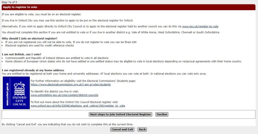 Showing page for electoral registration