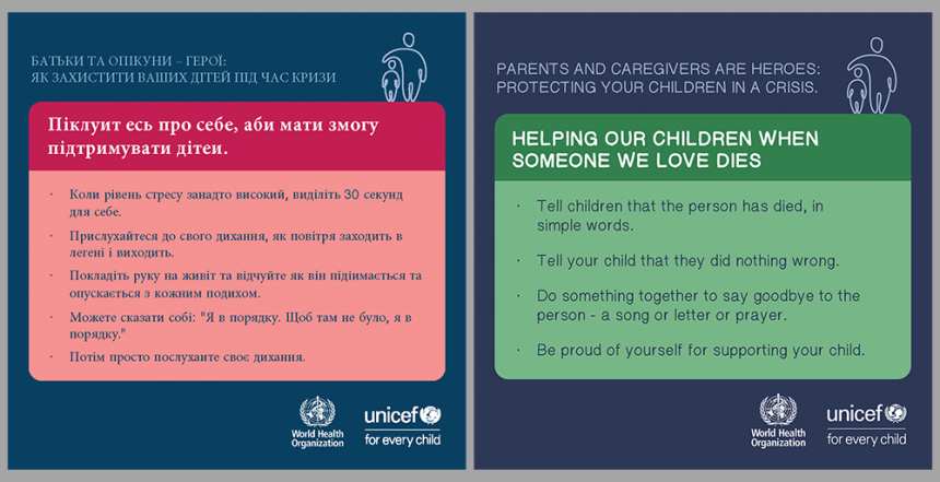Guidance on helping a child when someone loved dies, written in English and Ukrainian