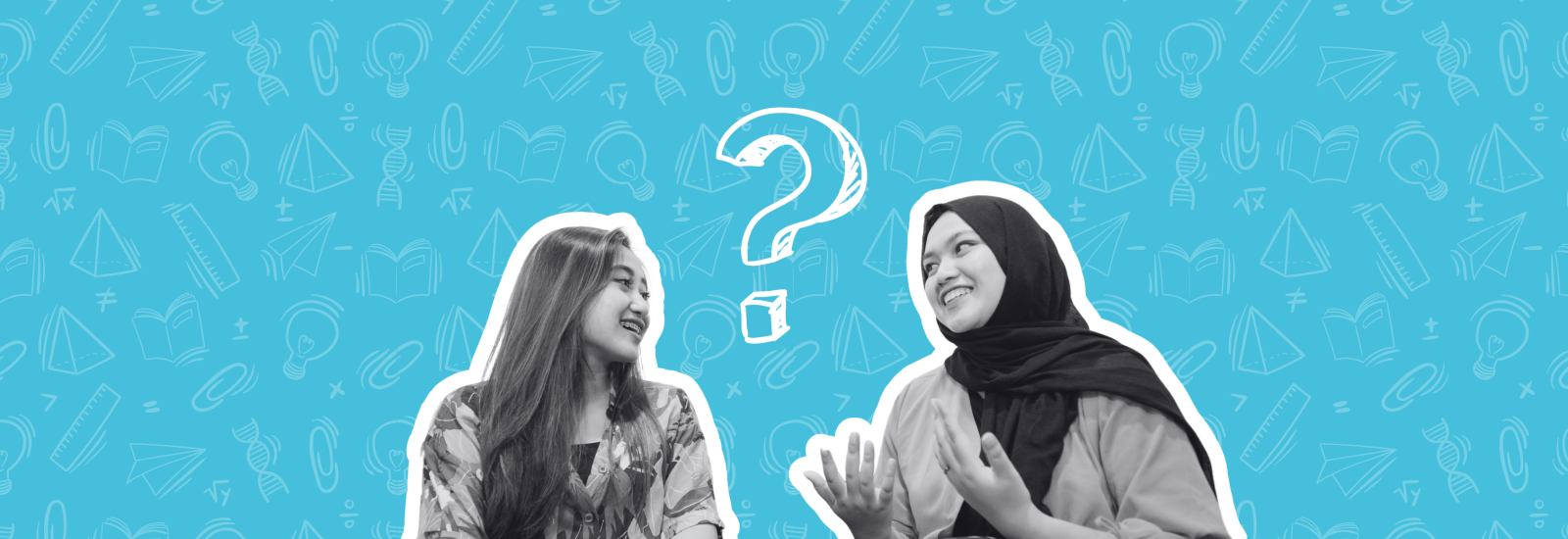 Two people talking with a question mark between them