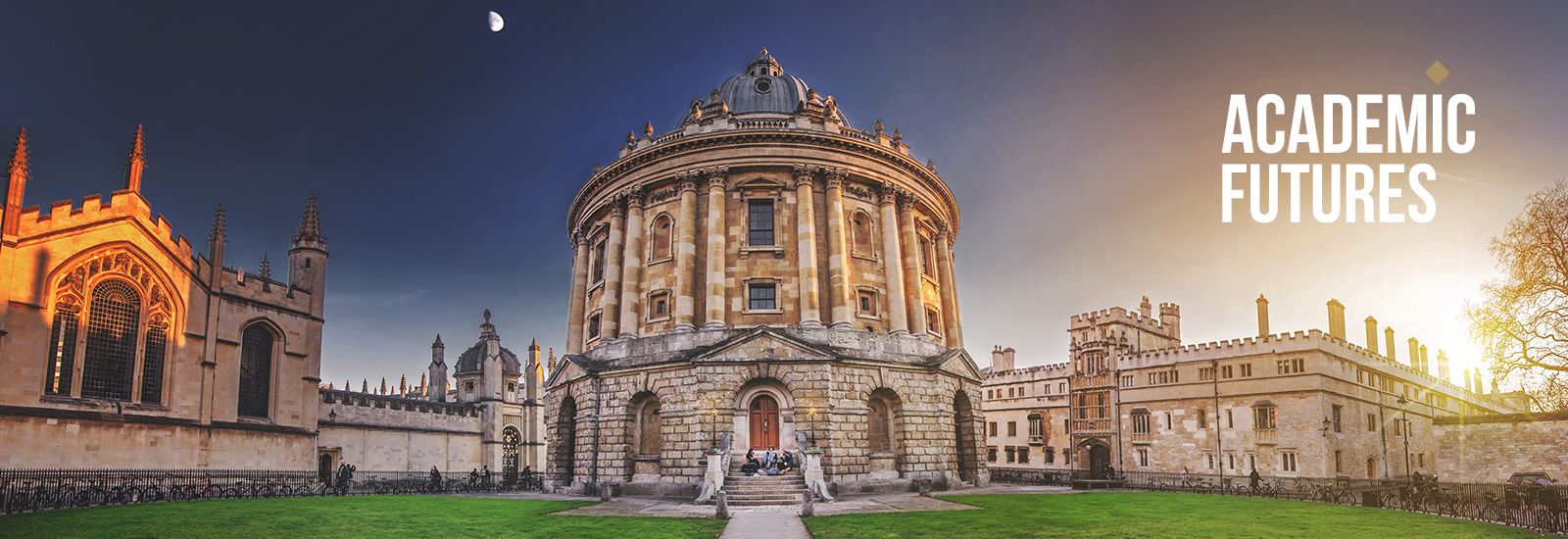 Radcliffe Camera in Radcliffe Square Oxford at dawn with Academic Futures logo