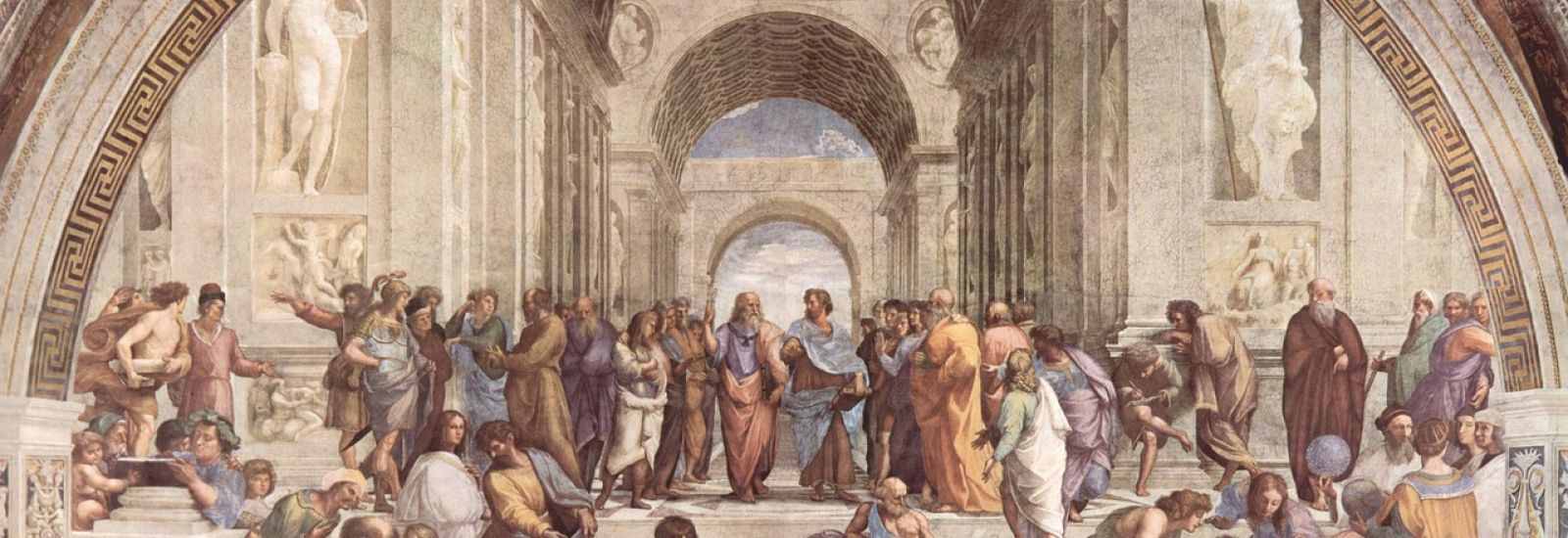 A medieval painting of Ancient Greek life, with men debating in a a grand stone building.