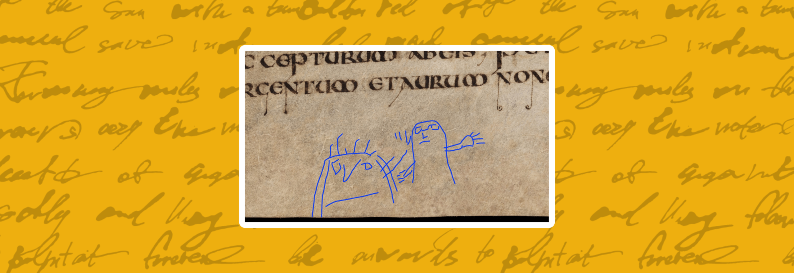 Old fashioned text on parchment with doodle people revealed in blue