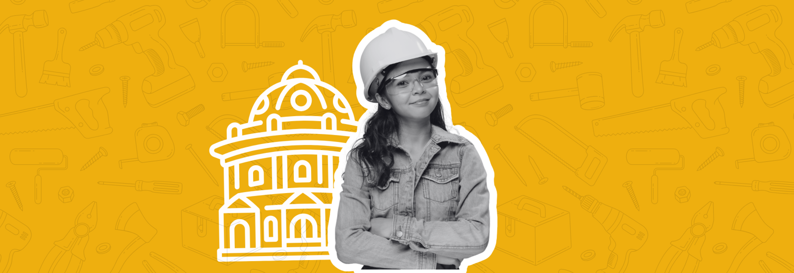 Girl with hard hat in front of tools and university building