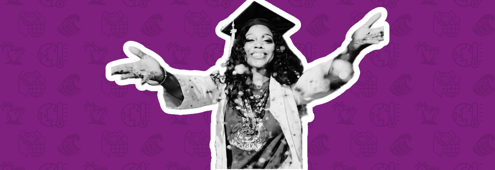 Person in mortarboard with welcoming arms and confetti