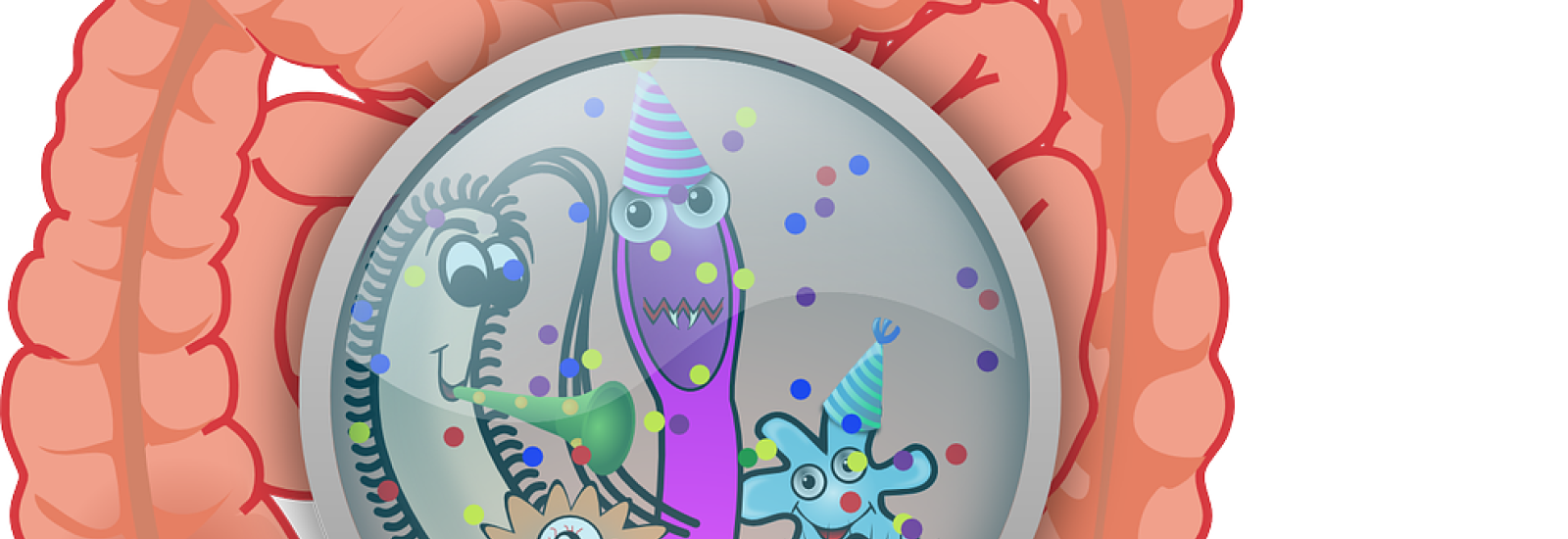 A cartoon image of the human gut, with a magnifying glass, showing various bacteria and organisms there.