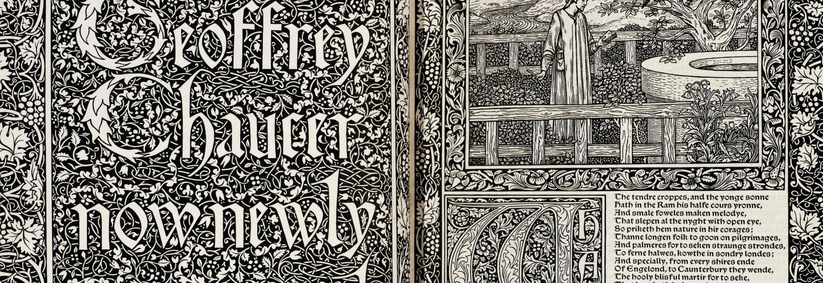 Open double-page spread of highly illustrated edition of The Canterbury Tales