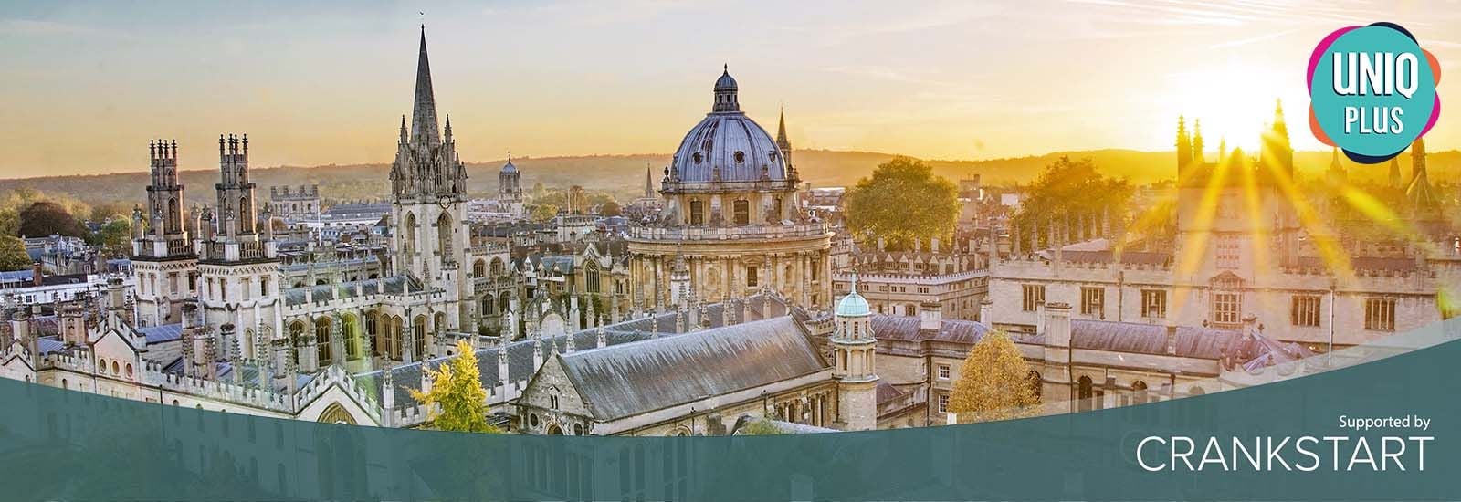 An image of the Oxford skyline, overlaid with UNIQplus and Crankstart logos