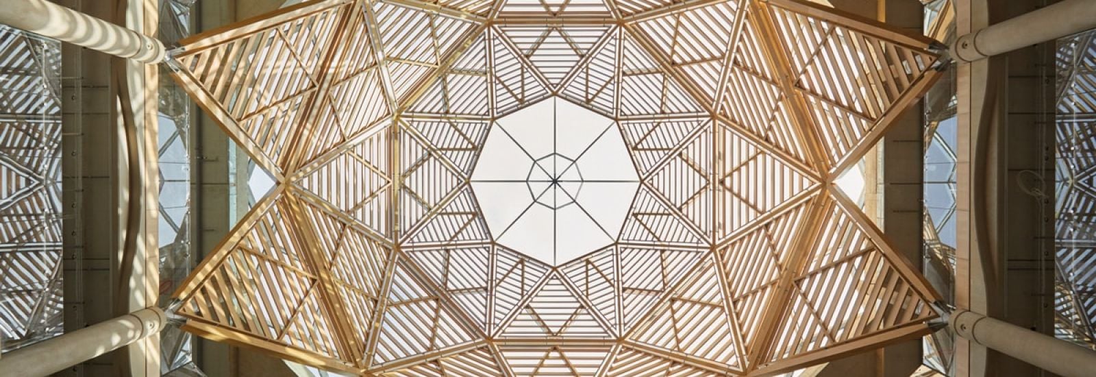Looking up at the ceiling of the atrium in the Schwarzman Centre for the Humanities