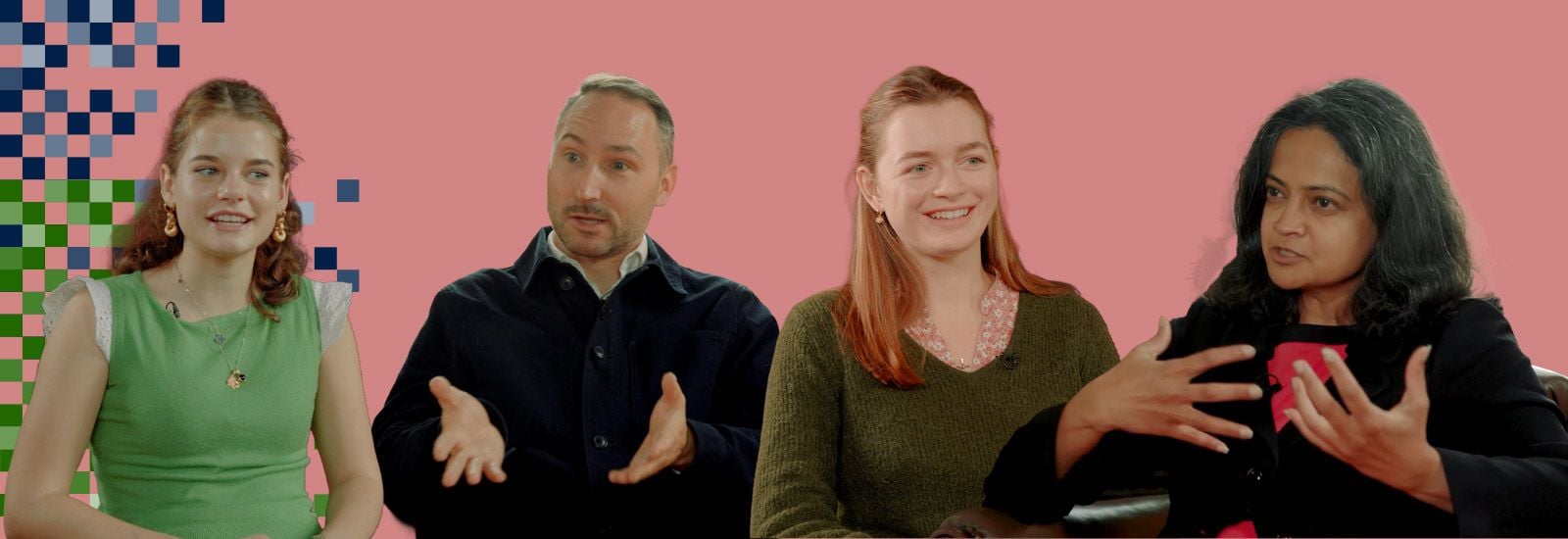 Two students and two academics on a pink background