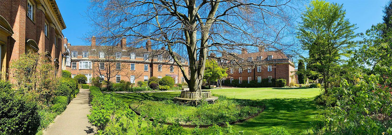 A photograph of St Hugh's college, with a large tree in the centre of the lawn.