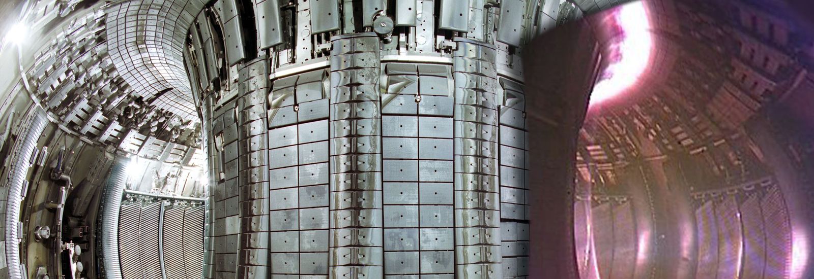 An interior view of the JET vacuum vessel, with a superimposed image of an actual JET plasma taken with a visible light camera