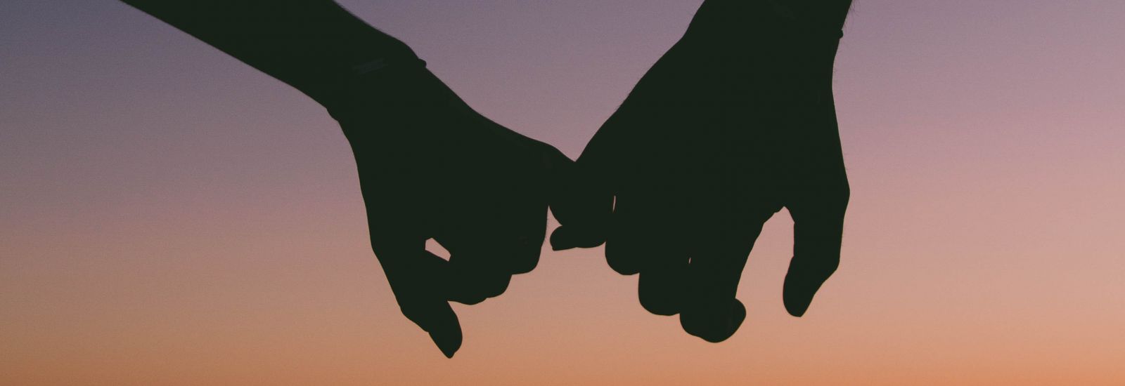 Silhouette holding hands in front of ocean and sunset