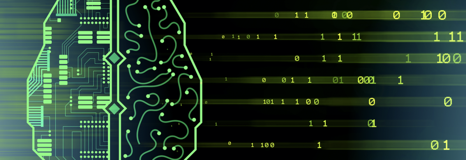 A depiction of a "bionic brain" where logic systems and circuits are mapped onto the outline of a brain. There is also some binary information displayed.