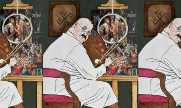 Image from the book cover depicting an illustration of an art restorer with paint pallet and brush restoring a painting with a swastika on the wall in the background