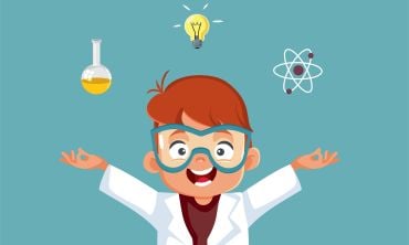 Illustration of a child in a lab coat wearing goggles, holding his hands aloft with three images above his head: a test tube, light bult and vector