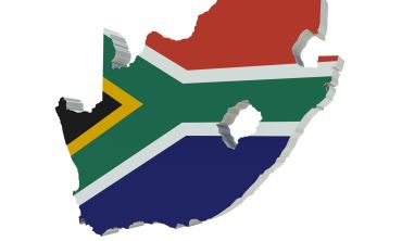 3D illustration of the map of South Africa with flag colours