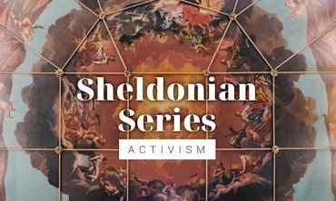 Graphic for the Sheldonian Series featuring the ceiling of the Sheldonian and University logo with text Sheldonian Series: Activism in the centre