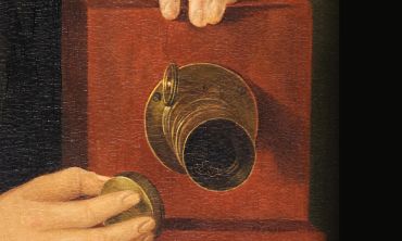 Painting of a lens cap being removed from an historic camera