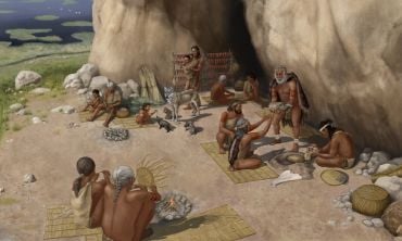 Artistic reconstruction of Pınarbaşı c. 15,800 years ago. The illustration shows dogs, the burial of pups and the local wetland landscape, alongside personal ornamentation, various foods including fish (consumed by dogs), basketry and ritual practices. 