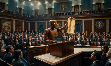 A robot holding up an old fashioned constitution document in a US Congress-style chamber