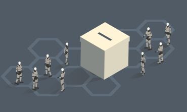 Illustration of a ballot box surrounded by robots. Credit: mathiswork, Getty Images