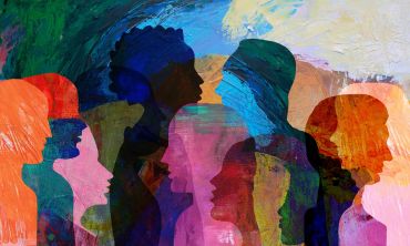 Artists impression of a group of diverse people talking