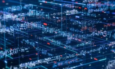 Visualisation of a complex futuristic network overlaid with math expressions and equations.