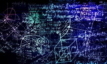 3D rendering of mathematical formulas against a black background, like chalk writing on a blackboard. 