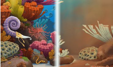 Artistic image of an underwater scene. The left panel shows a vibrant scene with corals and animals such as ammonites swimming; the right panel is almost completely devoid of life.