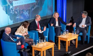 Image of panellists and moderator on stage during the Cancel Culture debate at the Sheldonian Series event