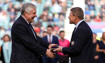 Former RFU president Jeff Blackett on the left awards a Hall of Fame cap to RFU Council member for Oxford Stephen Pearson