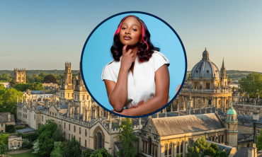 An image of DJ Cuppy against a blue background, interposed on a background of the Oxford skyline