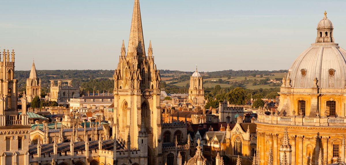 A view of the Oxford skyline at sunset