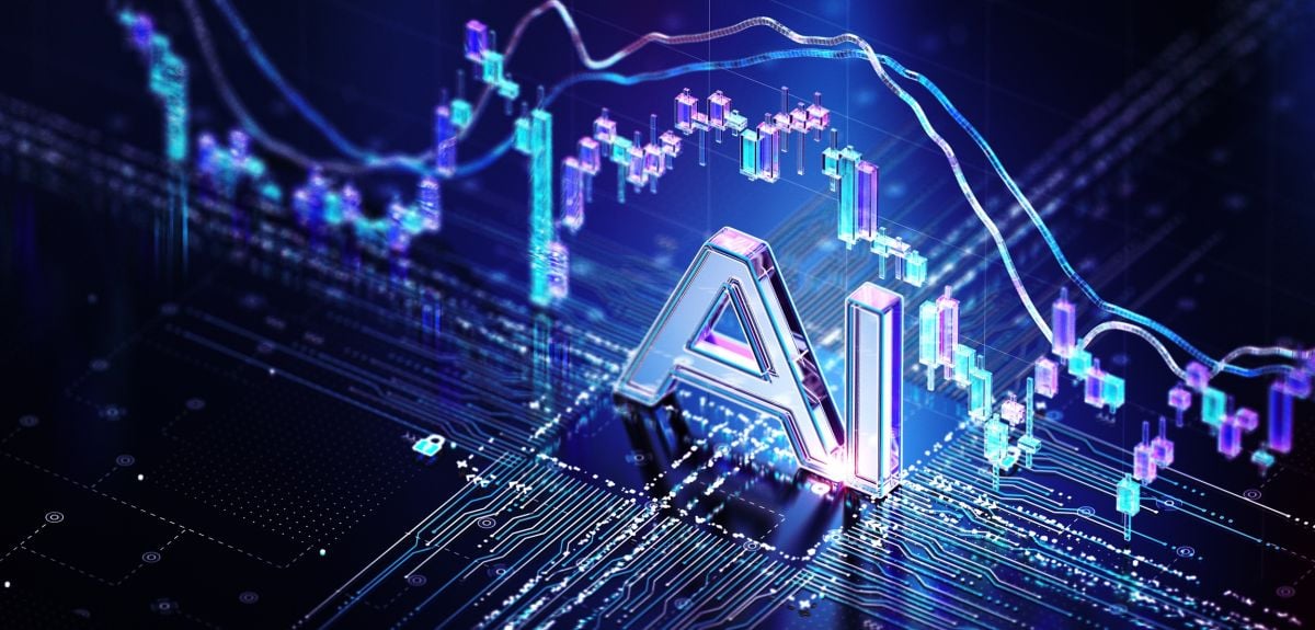 Graphical illustration with the word 'AI' superimposed against an illuminated line graph.