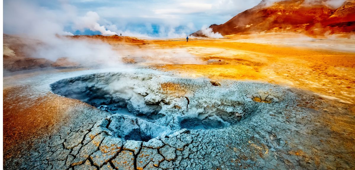 A new method could help to extract critical metals from fluids in geothermal systems, including elements that are essential for green technologies. This image shows the geothermal area Hverir in Iceland, with steam rising from pits in the ground.