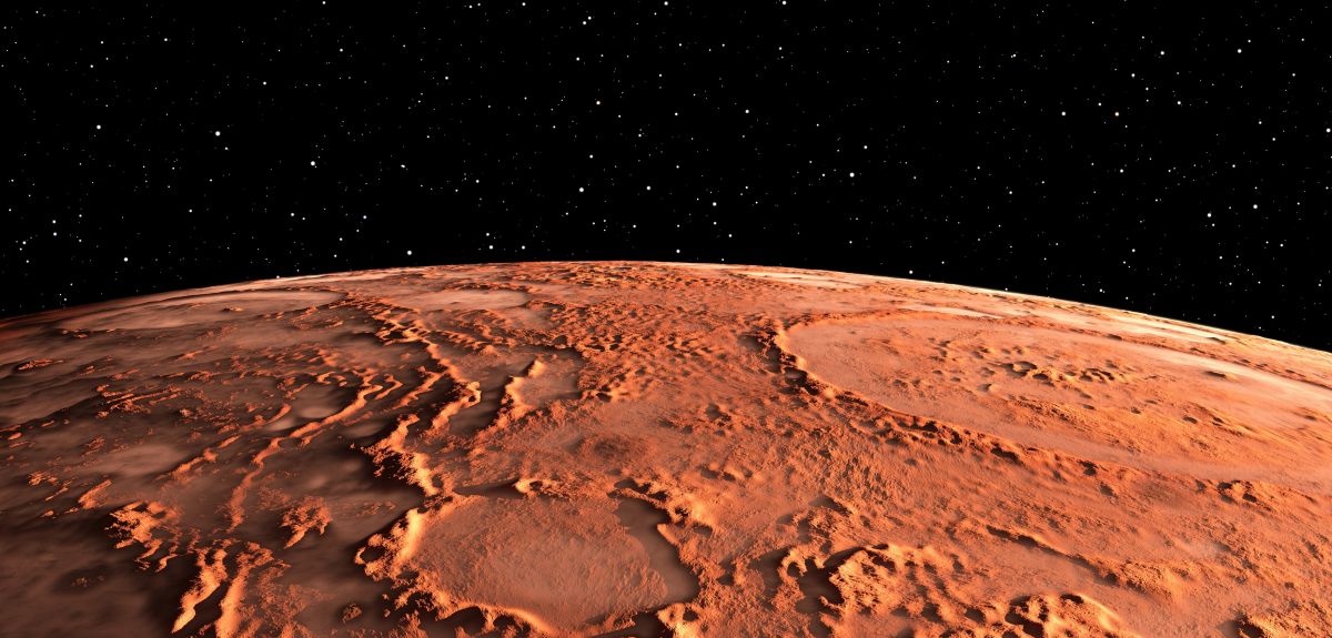 Mars - the red planet. Martian surface and dust in the atmosphere. 3D illustration. Image credit: Shutterstock.