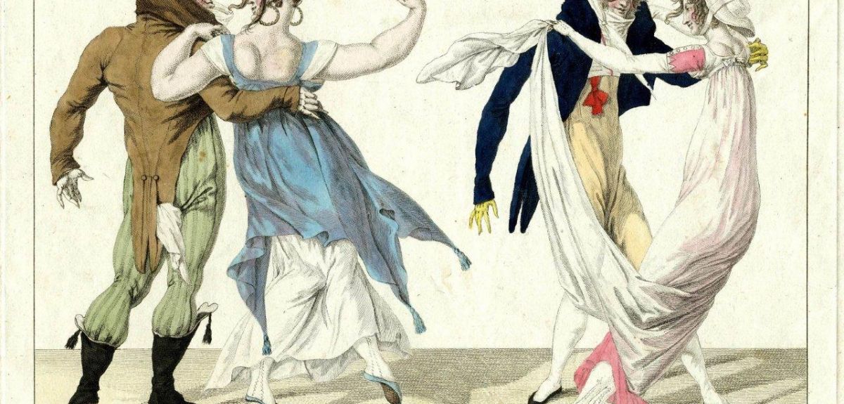 A print of two couples dancing the waltz, published by Pierre La Mésangère in 1800