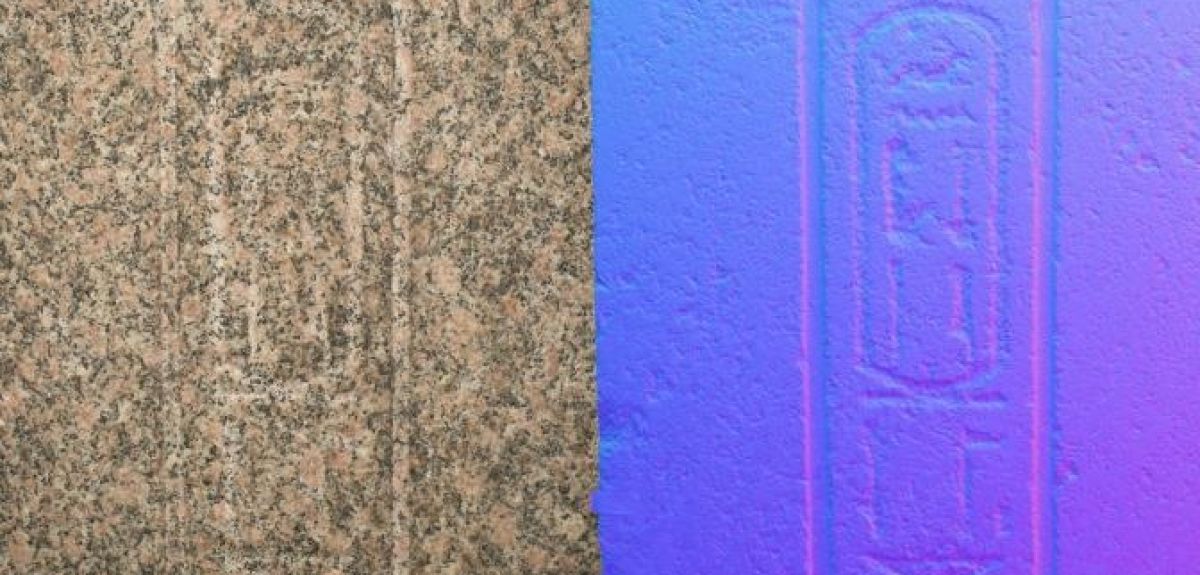 How the inscription on the obelisk appears to the human eye (left) and how it appears in RTI (right)