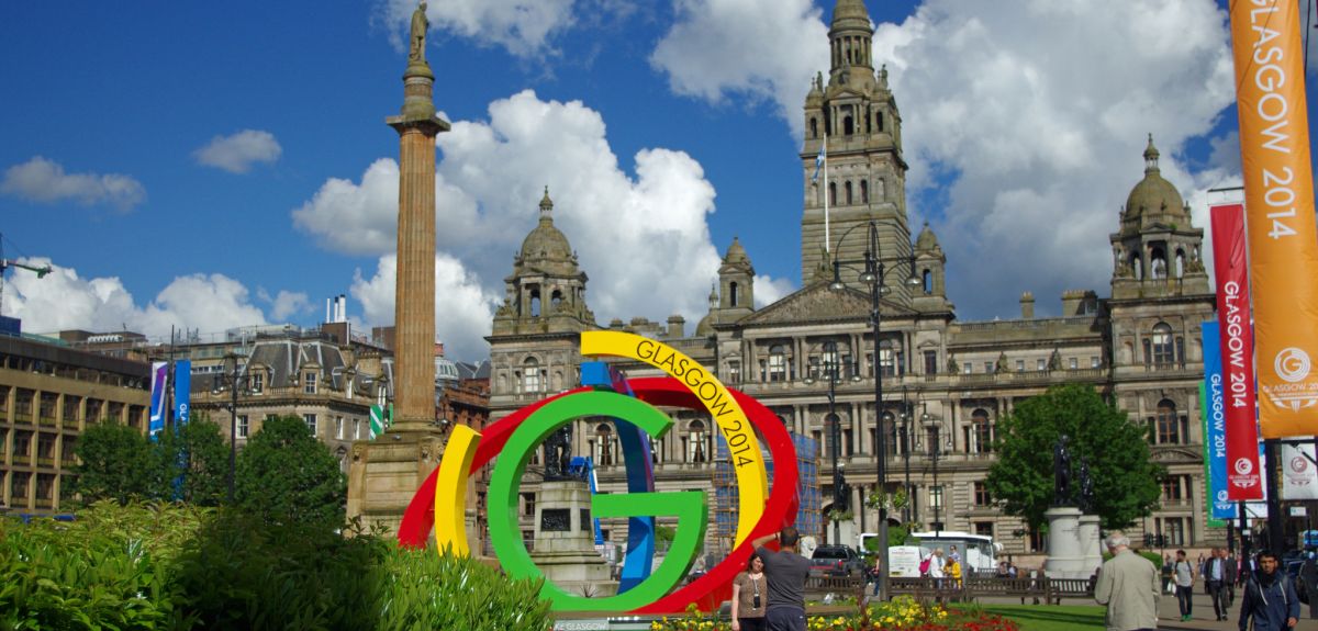 The Commonwealth Games logo outside Glasgow City Halls
