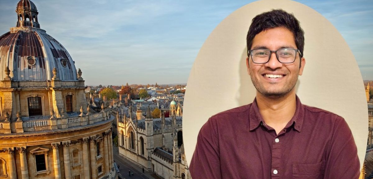 A portrait photograph of a young man of Asian descent wearing glasses and a mauve shirt. The portrait is overlaid against an image of the skyline of Oxford University historic buildings.