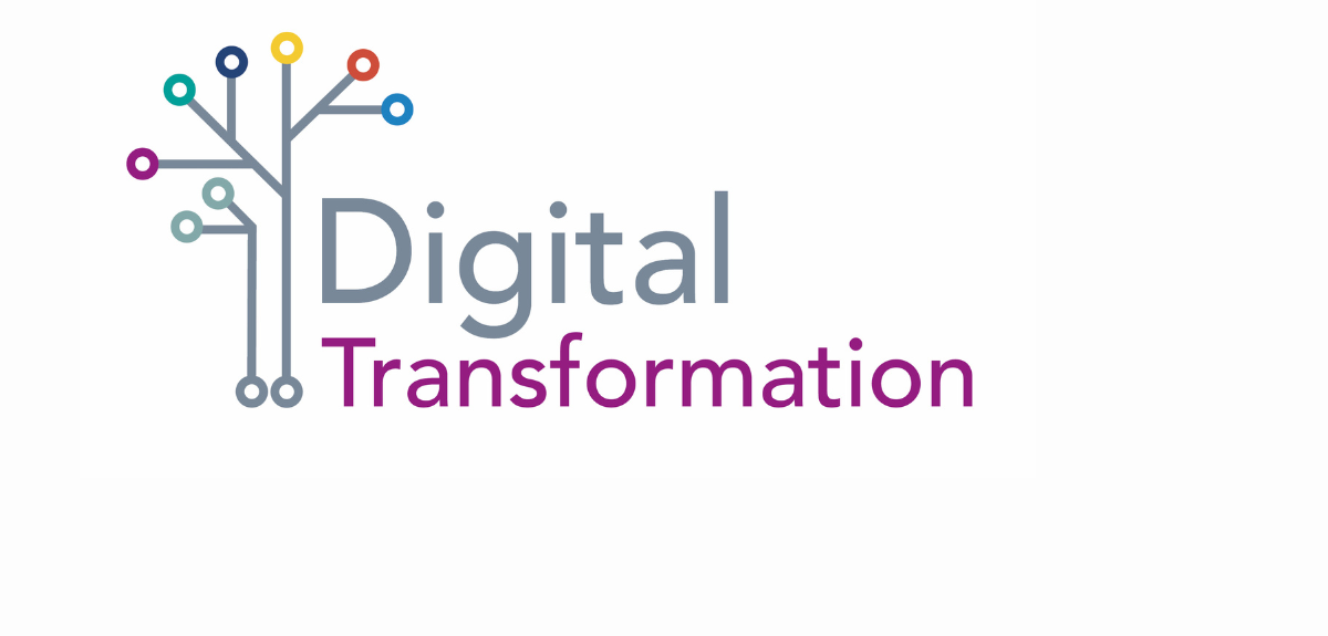 Digital transformation text with a tree-like symbol with different coloured circles 
