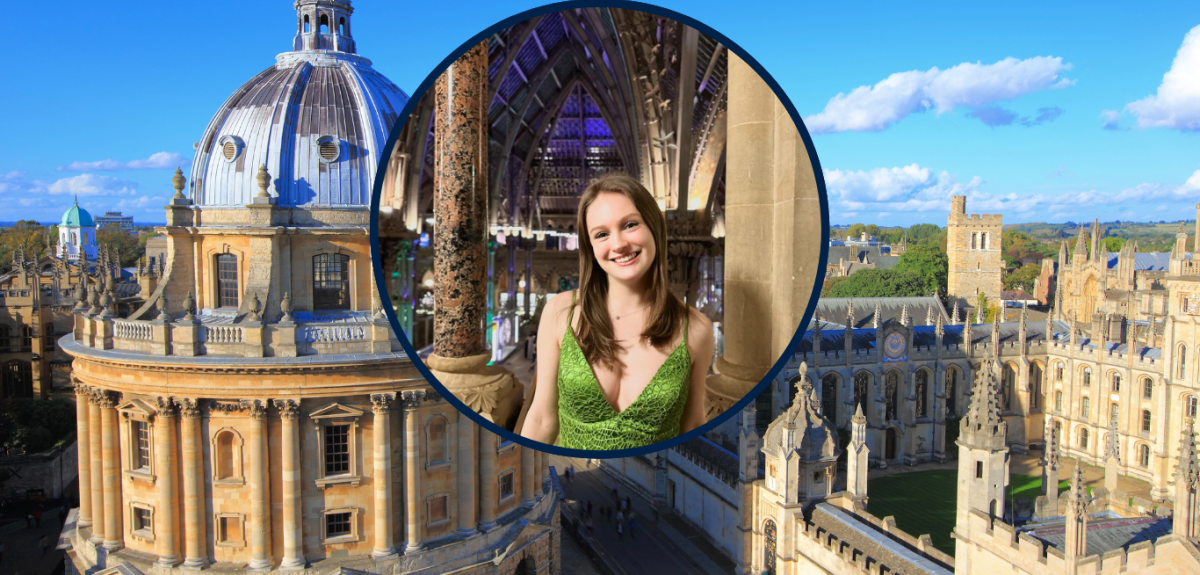 Oxford student Chloe Pomfret with the Radcliffe Camera in the background