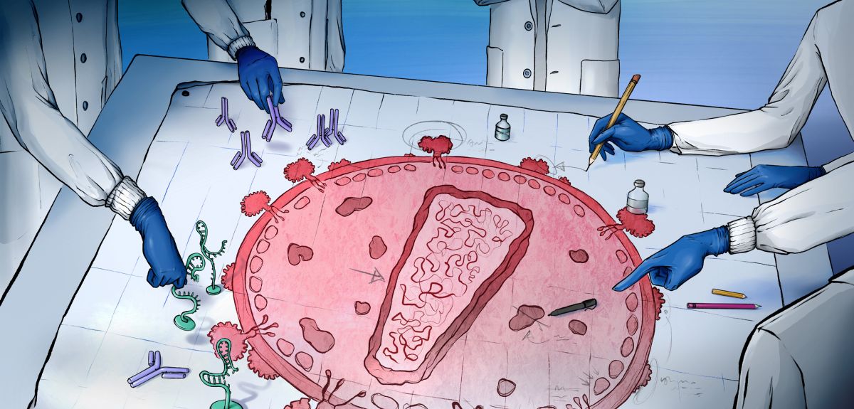 An illustration that depicts scientists strategising around a drawing of an HIV virus - artwork by Marzia Munafo 