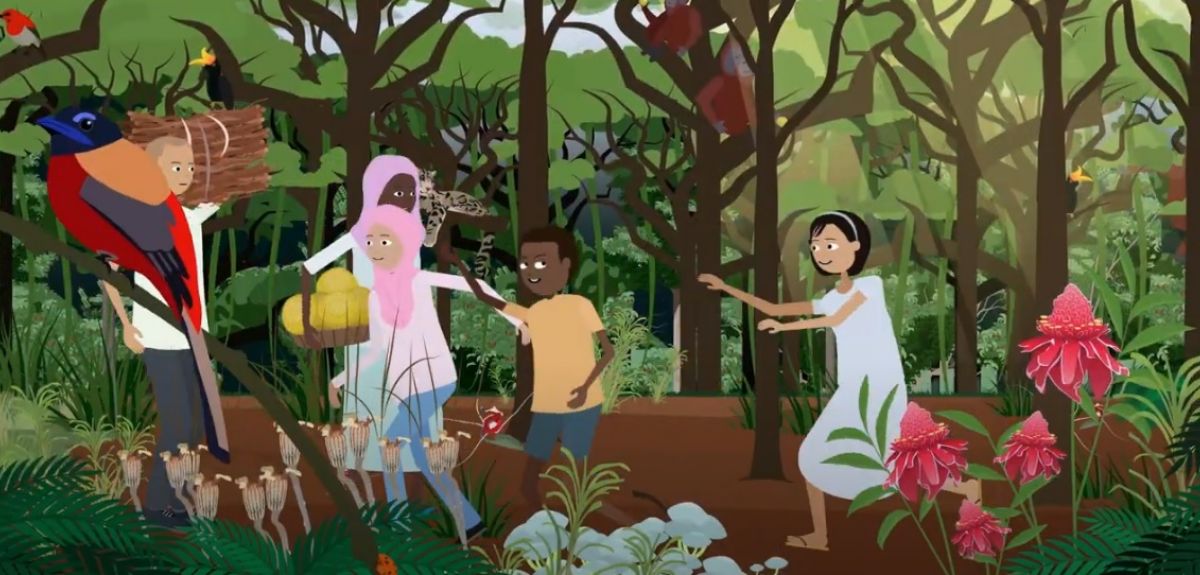 Still from animation of children running in a tropical forest