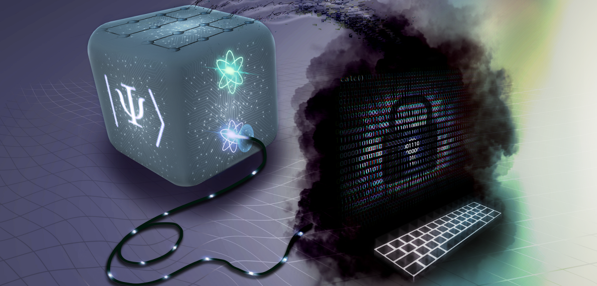 Abstract image showing a cube with icons to represent a quantum computer in the cloud connected by wires to a computer screen showing binary data code with the outline of a padlock superimposed.