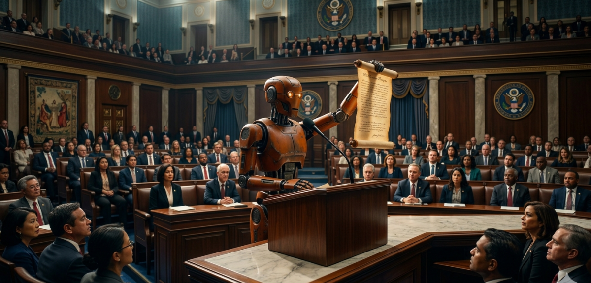 A robot holding up an old fashioned constitution document in a US Congress-style chamber