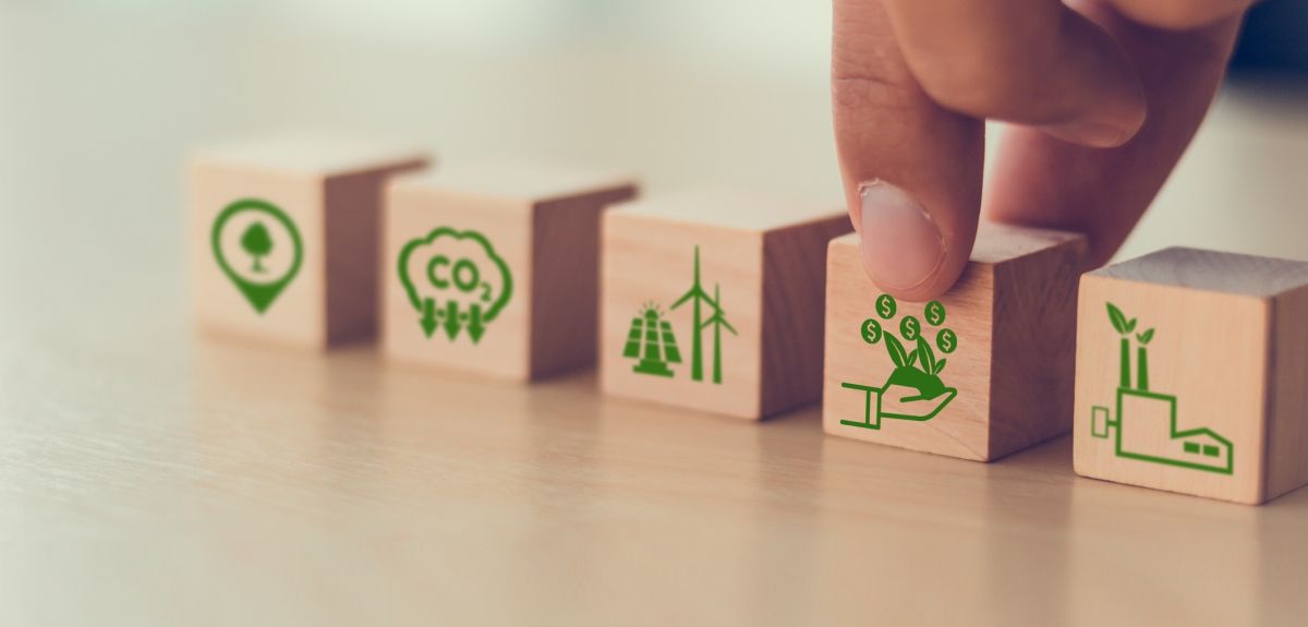 A row of five wooden blocks on a wooden table. The cubes show icons relating to CO2, US dollars and carbon offsetting solutions. A hand reaches down to pick up a cube showing an icon of a hand holding a growing seedling.