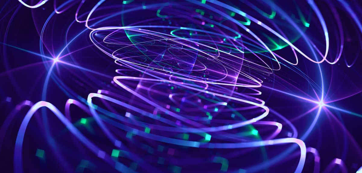 Artistic abstract image showing glowing, neon lines curling around each other to give the impression of a spiral vortex, illuminated by two lights in the background.